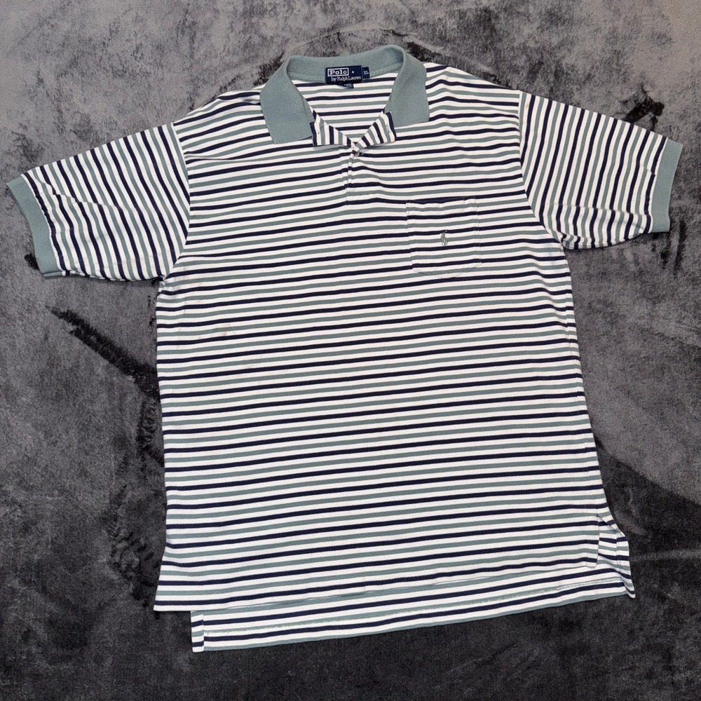 Polo Ralph Lauren Mens XL Striped Polo Shirt Navy Blue Green White Cotton Pique